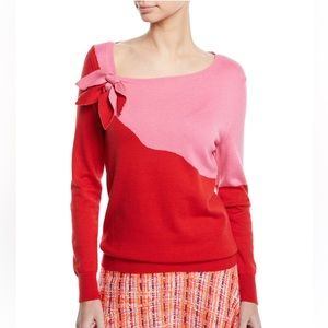 DELPOZO red pink bow sweater wave color block long sleeves S M